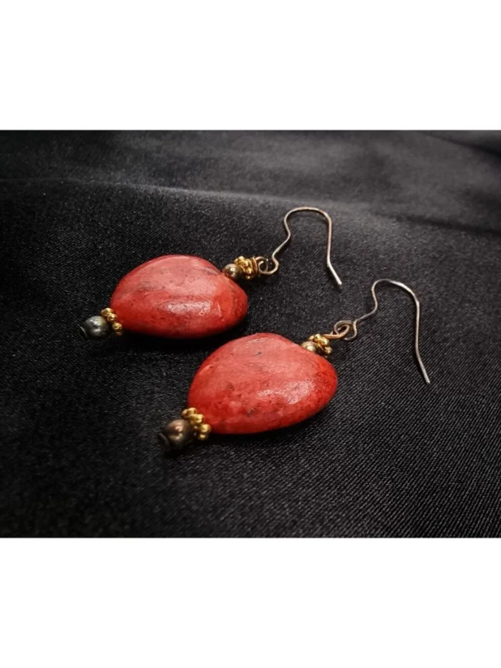 Red Real Coral Heart Drop Earrings - Picture 3 of 4